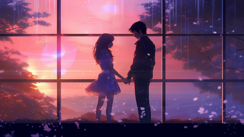 夏日蓝紫情侣夜色落地窗梦幻,插画/手绘图,插画/手绘图库,插画/手绘图下载,插画/手绘